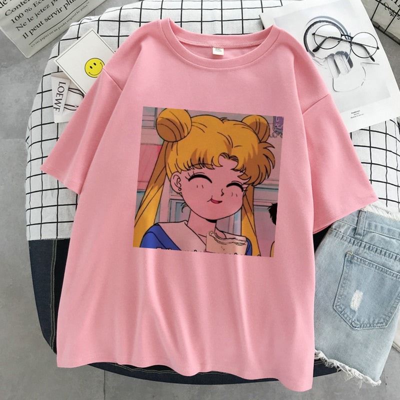 Sailor Moon Kawaii Graphic Print T-shirt Women Sailor Moon White Top Streetwear