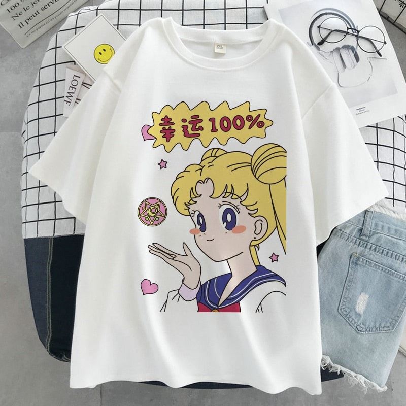 Sailor Moon Kawaii Graphic Print T-shirt Women Sailor Moon White Top Streetwear