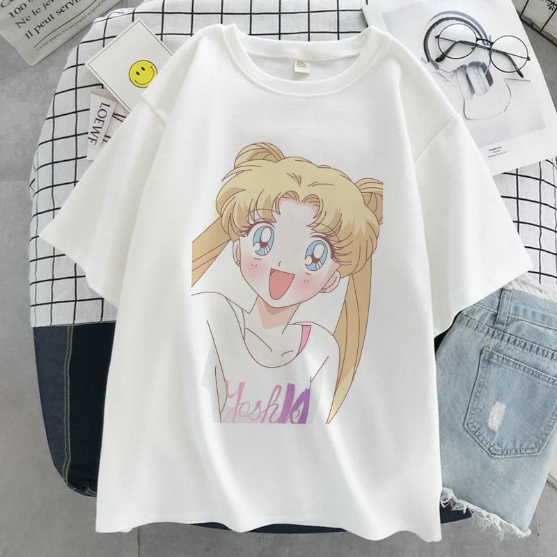 Sailor Moon Kawaii Graphic Print T-shirt Women Sailor Moon White Top Streetwear