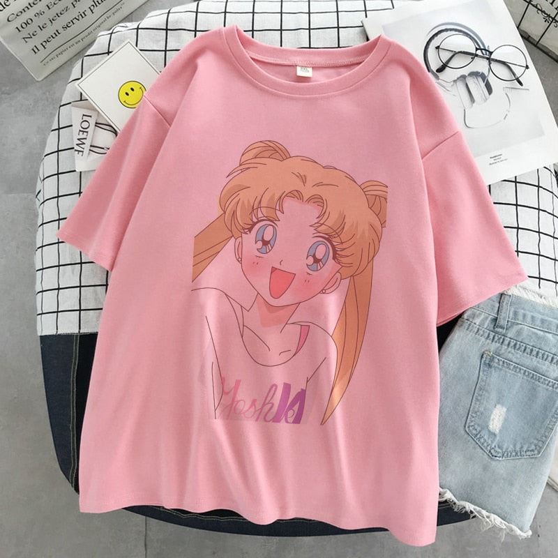 Sailor Moon Kawaii Graphic Print T-shirt Women Sailor Moon White Top Streetwear