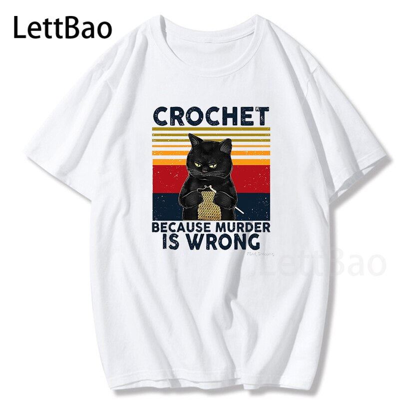 Black Cat Funny Crochet because murder is wrong T-Shirt Short Sleeve Designs Wom