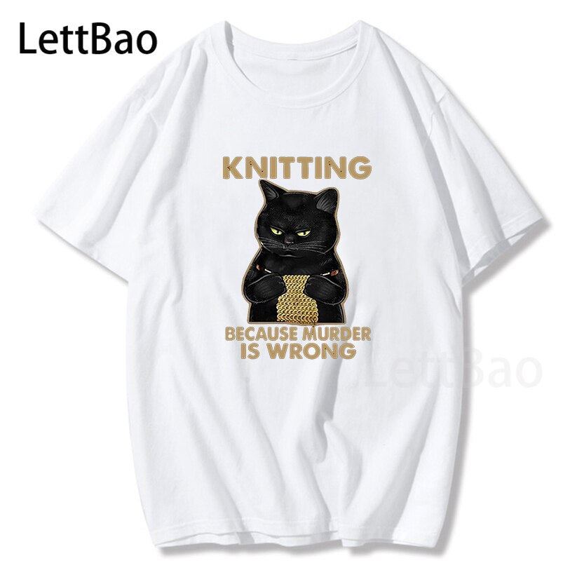 Black Cat Funny Crochet because murder is wrong T-Shirt Short Sleeve Designs Wom