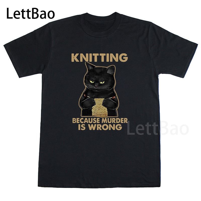 Black Cat Funny Crochet because murder is wrong T-Shirt Short Sleeve Designs Wom