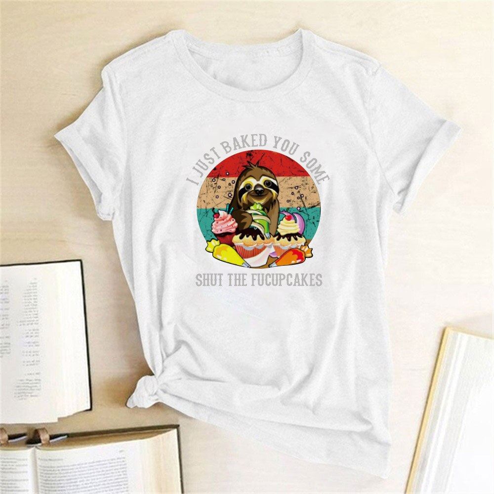 Sloth Print Women Women T-shirt Round Neck Short Sleeve Summer Cartoon Funny Tsh