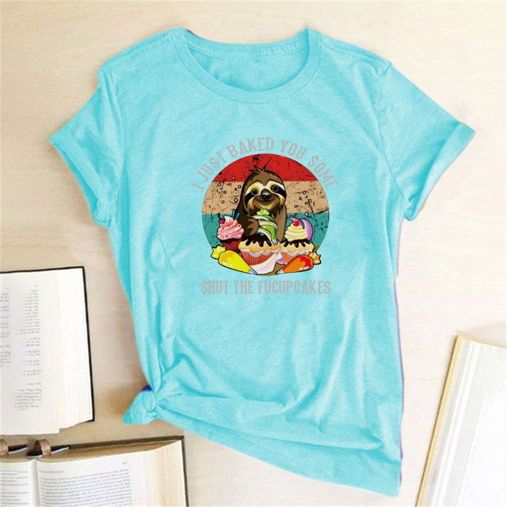 Sloth Print Women Women T-shirt Round Neck Short Sleeve Summer Cartoon Funny Tsh