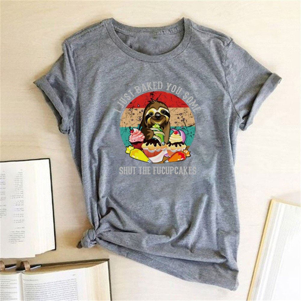 Sloth Print Women Women T-shirt Round Neck Short Sleeve Summer Cartoon Funny Tsh