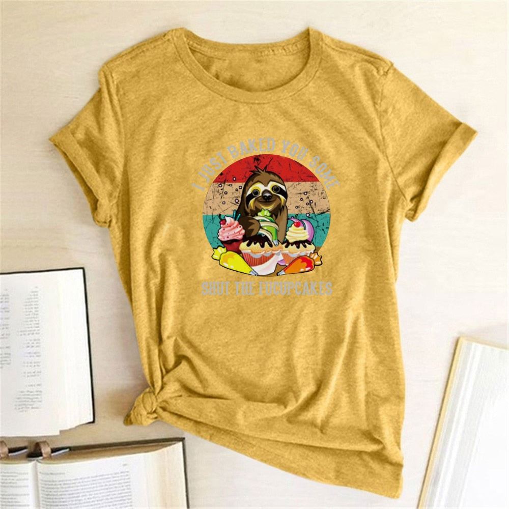 Sloth Print Women Women T-shirt Round Neck Short Sleeve Summer Cartoon Funny Tsh