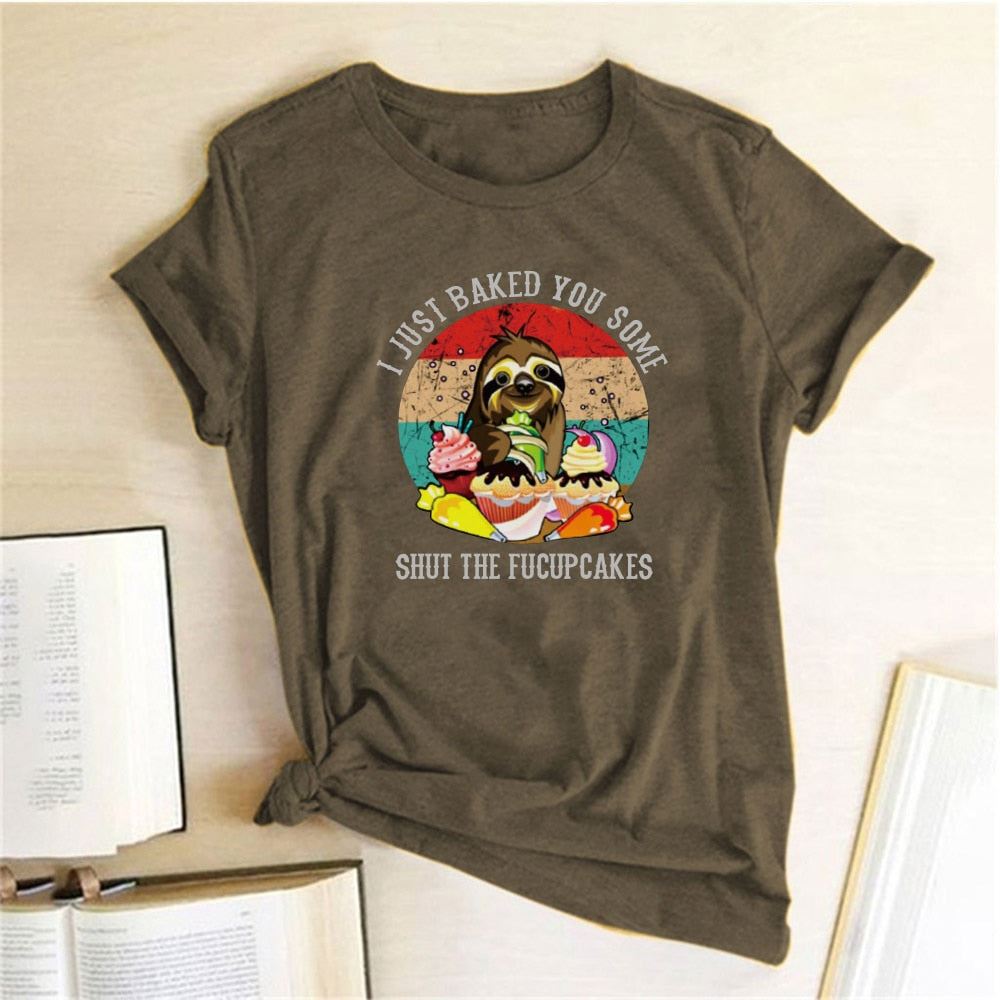 Sloth Print Women Women T-shirt Round Neck Short Sleeve Summer Cartoon Funny Tsh