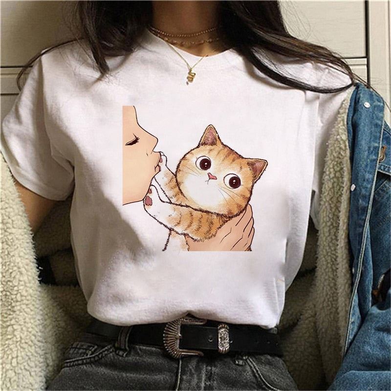 2020 Summer Women T-shirt Kiss a cute cat Printed Tshirts Casual Tops Tee Haraju