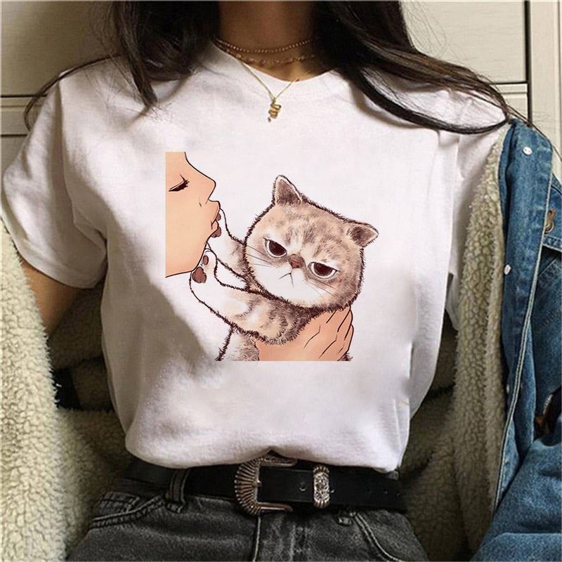 2020 Summer Women T-shirt Kiss a cute cat Printed Tshirts Casual Tops Tee Haraju