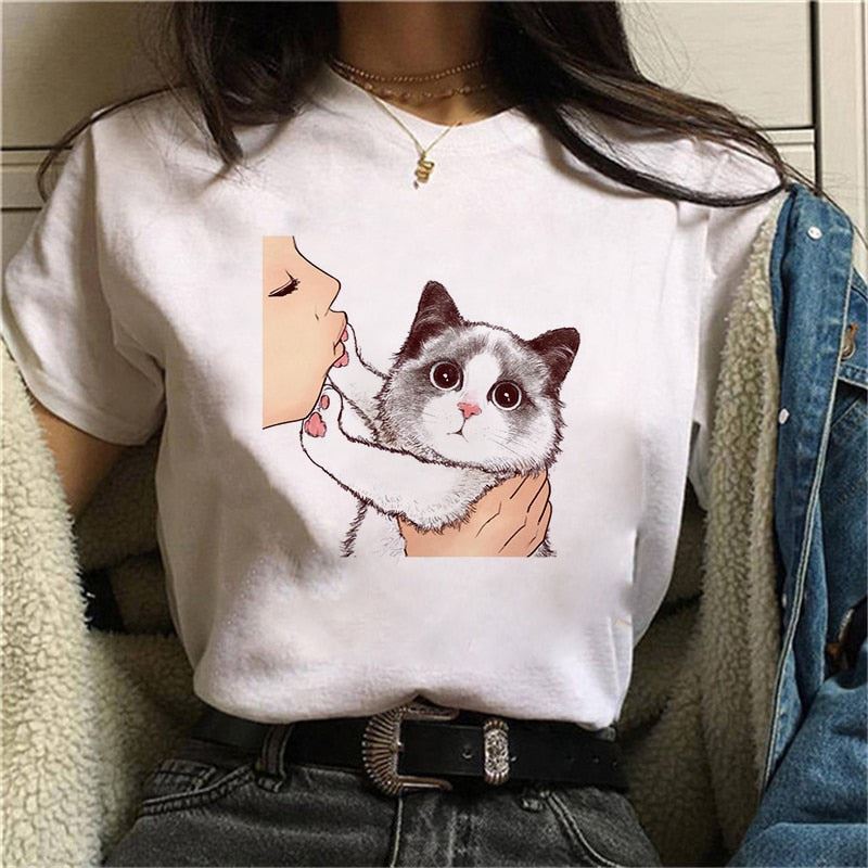 2020 Summer Women T-shirt Kiss a cute cat Printed Tshirts Casual Tops Tee Haraju