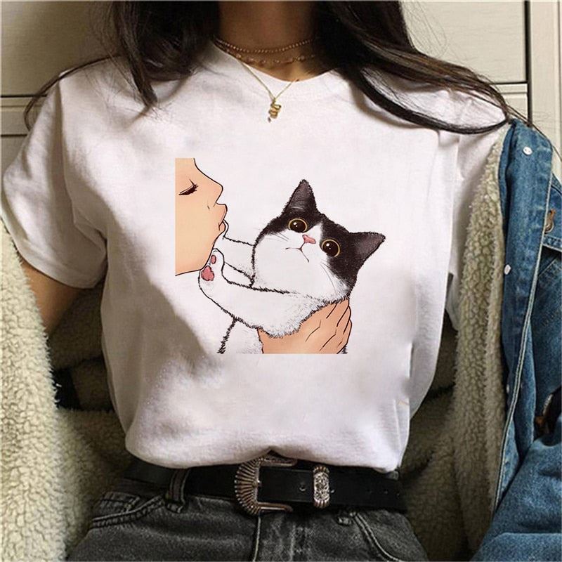 2020 Summer Women T-shirt Kiss a cute cat Printed Tshirts Casual Tops Tee Haraju