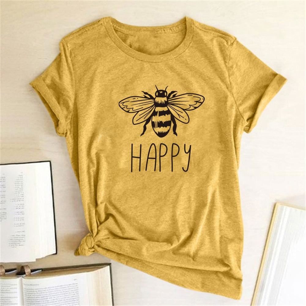 Happy Printed Bee Kind Women T-shirt O-Neck Cotton Short Sleeve Casual Shirts Wo