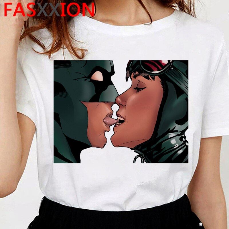 Batman and Catwoman Kiss t-shirt women funny ulzzang kawaii t shirt cartoon 90s