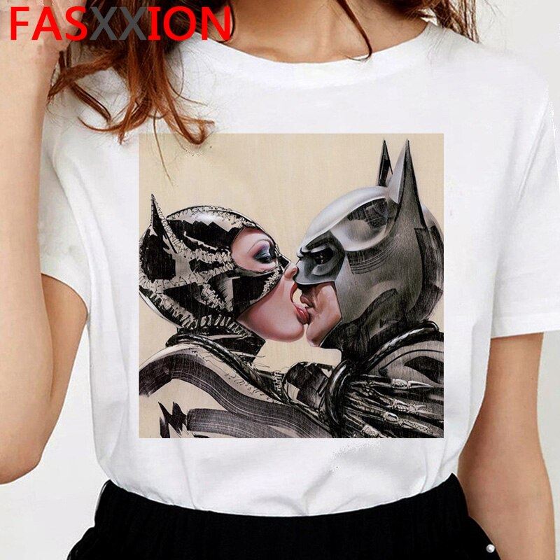 Batman and Catwoman Kiss t-shirt women funny ulzzang kawaii t shirt cartoon 90s