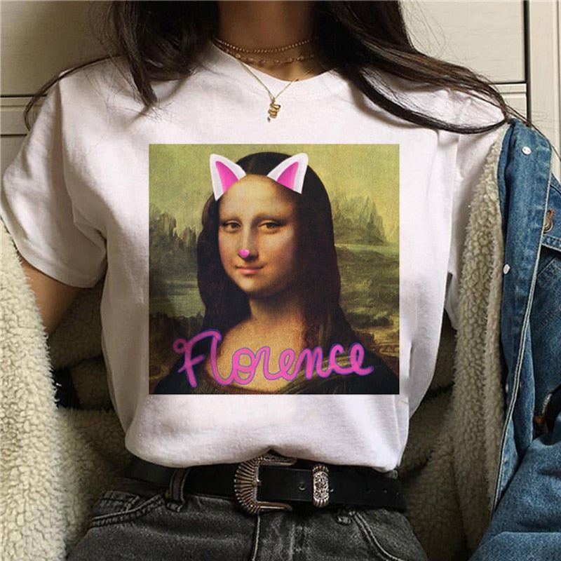 Mona Lisa Aesthetic Harajuku T Shirt Women Ullzang Vintage Graphic T-shirt Funny