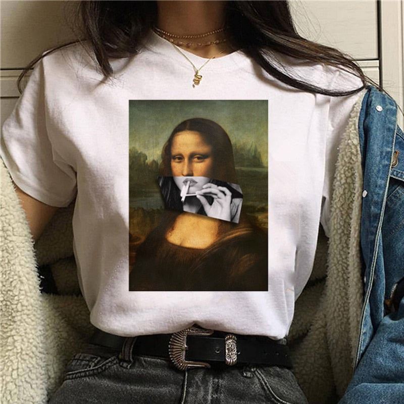 Mona Lisa Aesthetic Harajuku T Shirt Women Ullzang Vintage Graphic T-shirt Funny