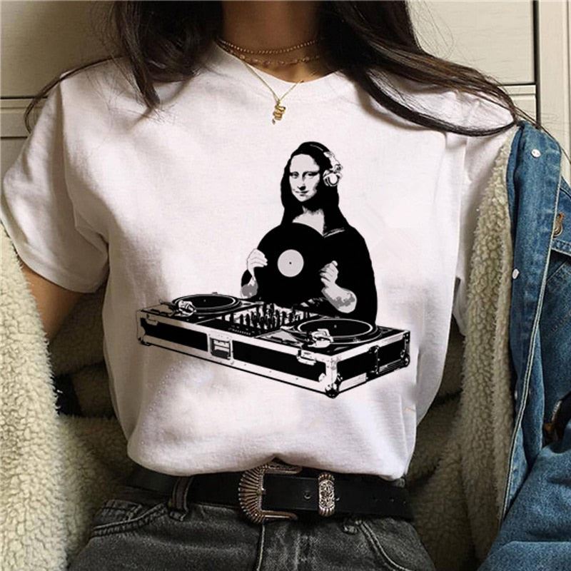 Mona Lisa Aesthetic Harajuku T Shirt Women Ullzang Vintage Graphic T-shirt Funny