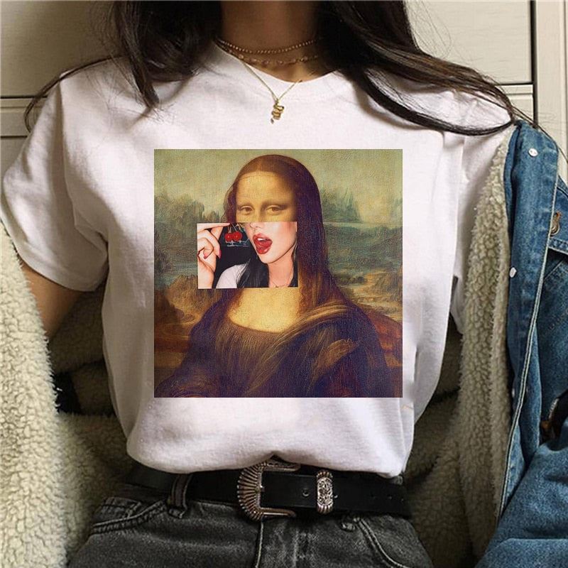 Mona Lisa Aesthetic Harajuku T Shirt Women Ullzang Vintage Graphic T-shirt Funny