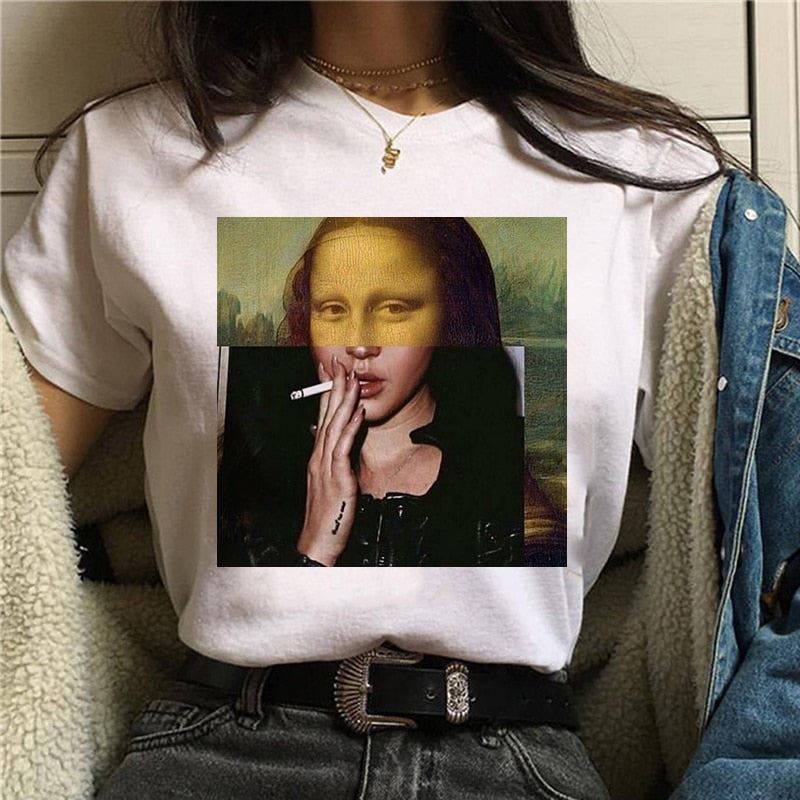 Mona Lisa Aesthetic Harajuku T Shirt Women Ullzang Vintage Graphic T-shirt Funny