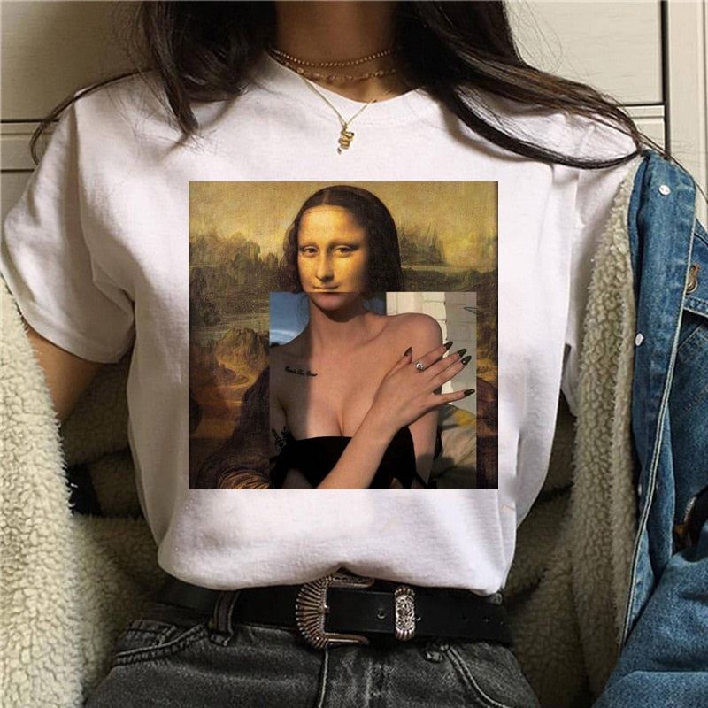 Mona Lisa Aesthetic Harajuku T Shirt Women Ullzang Vintage Graphic T-shirt Funny