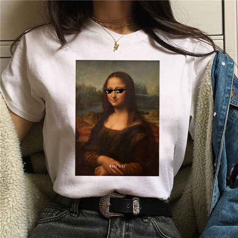 Mona Lisa Aesthetic Harajuku T Shirt Women Ullzang Vintage Graphic T-shirt Funny