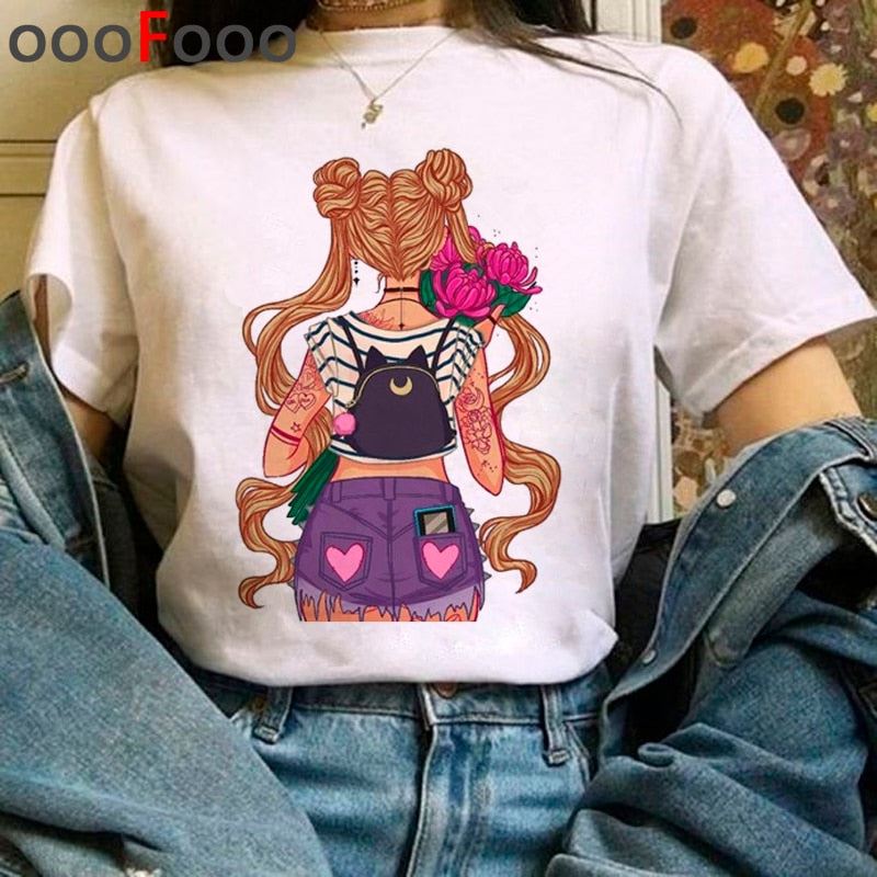 Sailor Moon Harajuku Kawaii Tshirts Women Ullzang Cute Usagi Anime T Shirts 90s