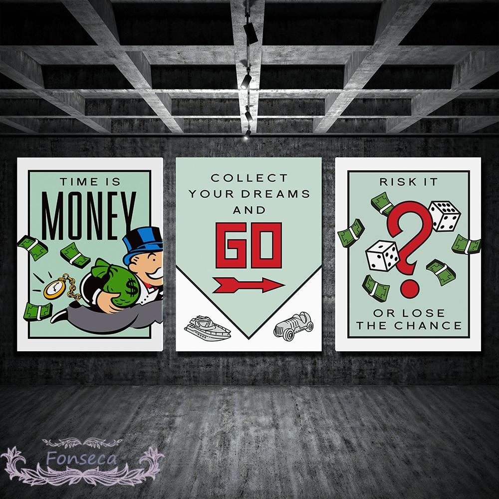 Wall Art Cartoon Graffiti Canvas Painting Hd Print Monopoly Time Is Money Poster Print