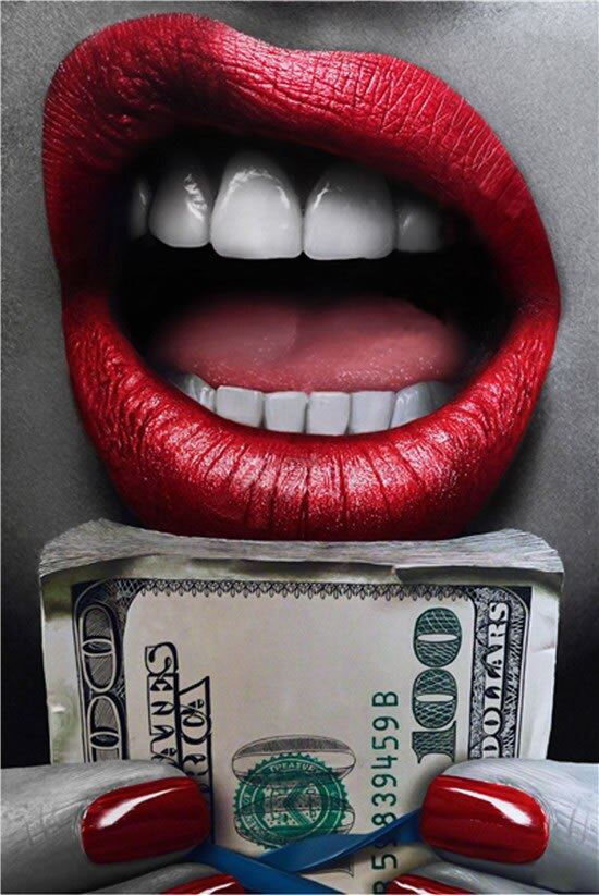 Woman Portrait Wall Art Prints Posters Red Lips Us Dollar Money Modern Canvas 12x16