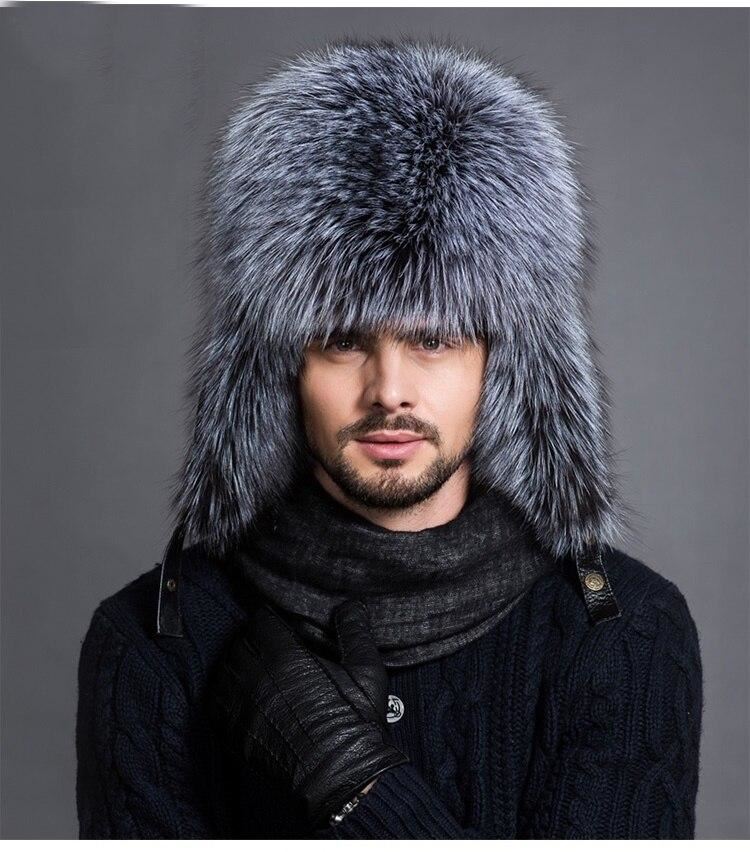 Winter Men's 100% Real Silver Fox Fur Aviator Bomber Hat Raccoon Fur Ushanka Cap