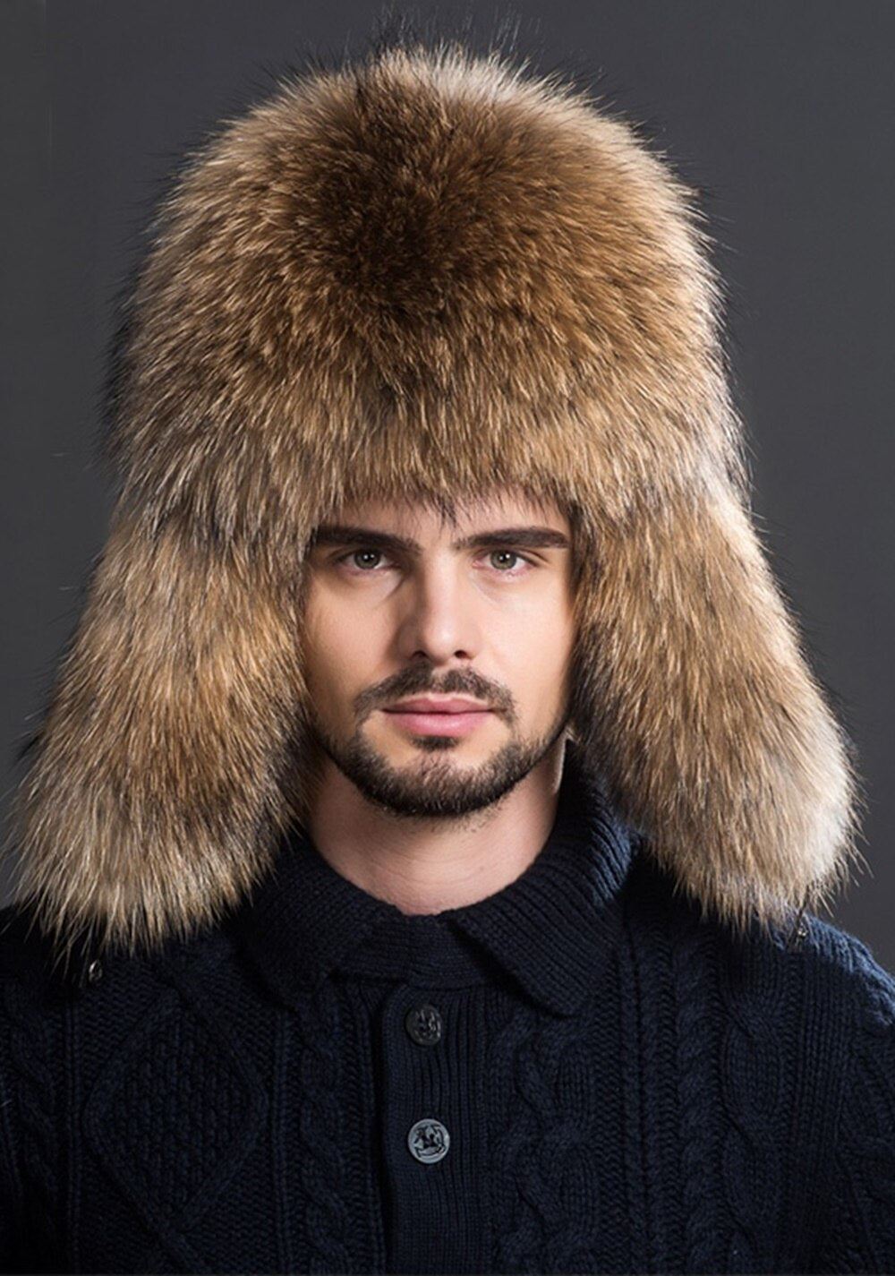 Winter Men's Silver Fox Fur Aviator Bomber Hat Raccoon Fur Ushanka Cap