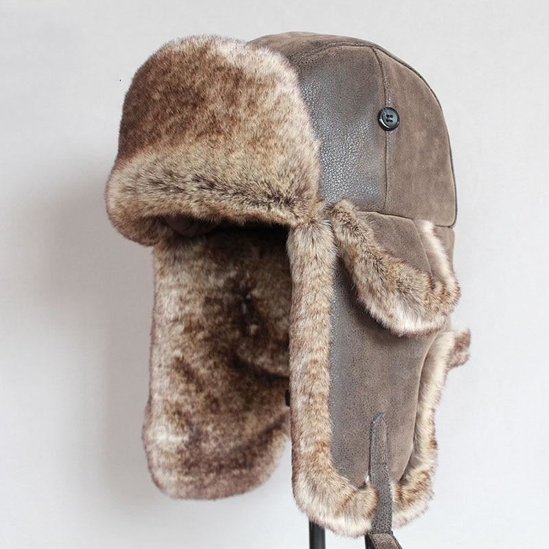 Bomber Hats Winter Men Warm Russian Ushanka Hat with Ear Flap Pu Leather  Fur Tr