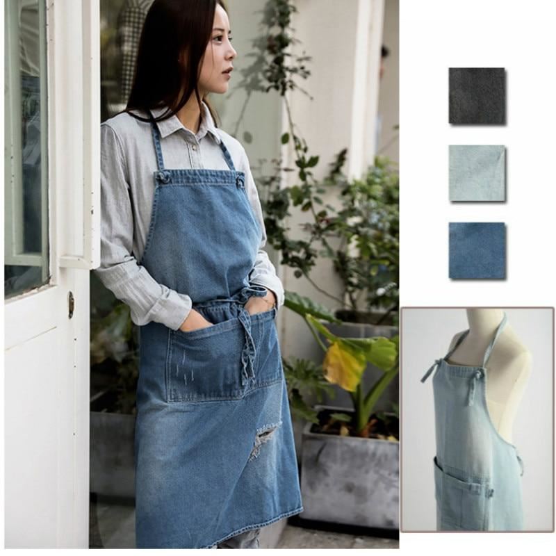 New Unisex Denim Apron Vintage Gardening Works Apron Adjustable Kitchen Cooking