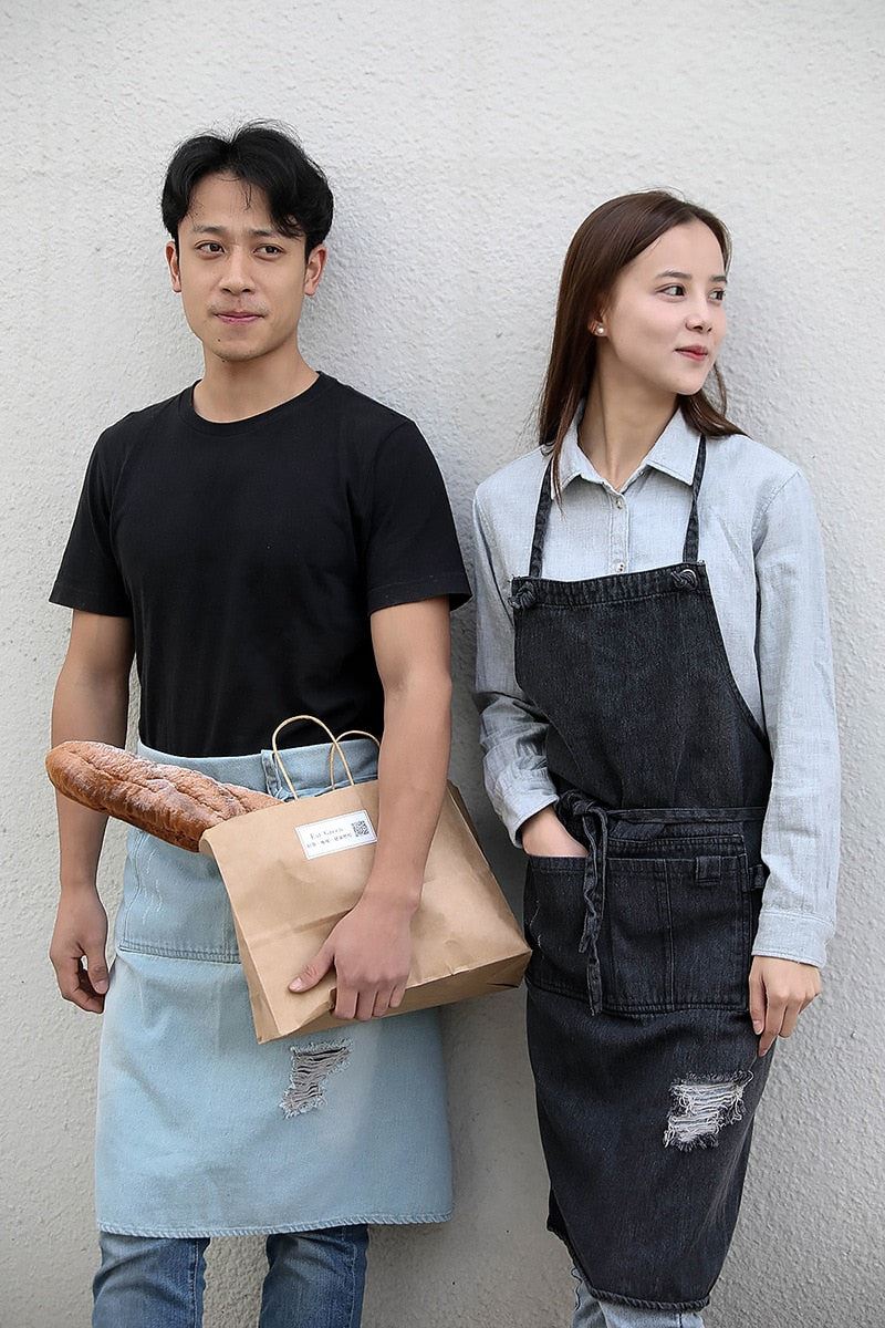 New Unisex Denim Apron Vintage Gardening Works Apron Adjustable Kitchen Cooking