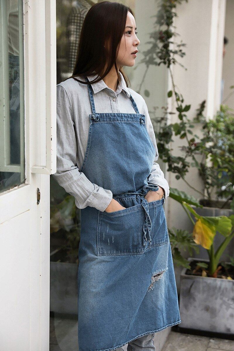 New Unisex Denim Apron Vintage Gardening Works Apron Adjustable Kitchen Cooking