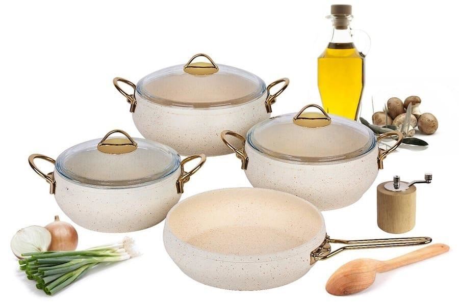 2021 COOKWARE SET 7 pieces Gold Handle Rose White nonstick granite pan fireproof