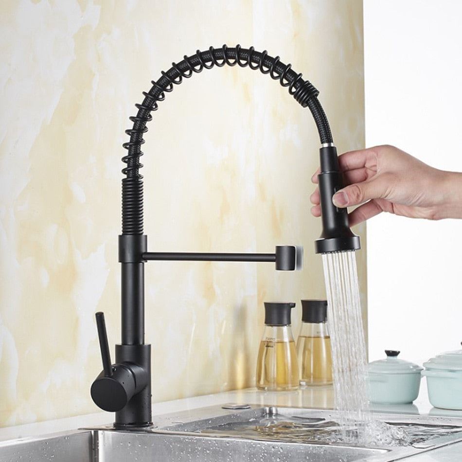 Brass Pull Out 360 Degree Swivel Spring Black Kitchen Faucet Single Handle Hole