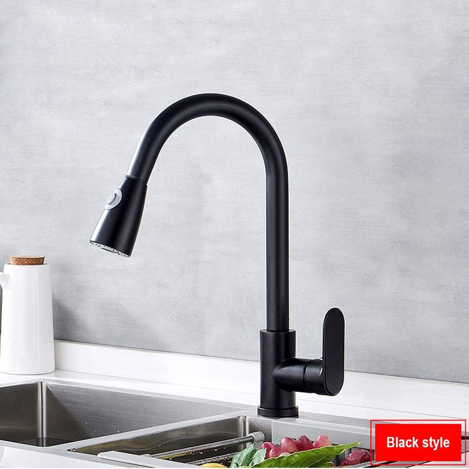 Brass Pull Out 360 Degree Swivel Spring Black Kitchen Faucet Single Handle Hole