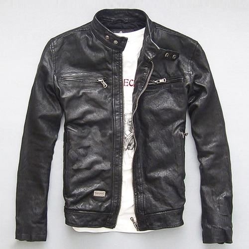 Men Leather Jacket 100% Genuine Real Sheep Goat Skin Brand Black Male Bomber Mot