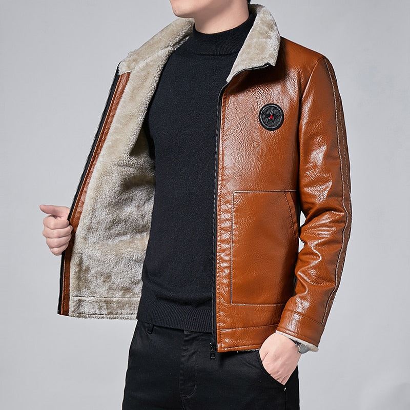 Men Winter New Leather Jackets Autumn and Winter Fur Coat with Fleece Warm Fur P