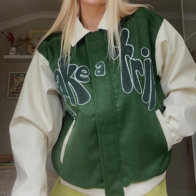 Women Letter Green Jackets American Streetwear College Style Turn Down Collar Lo