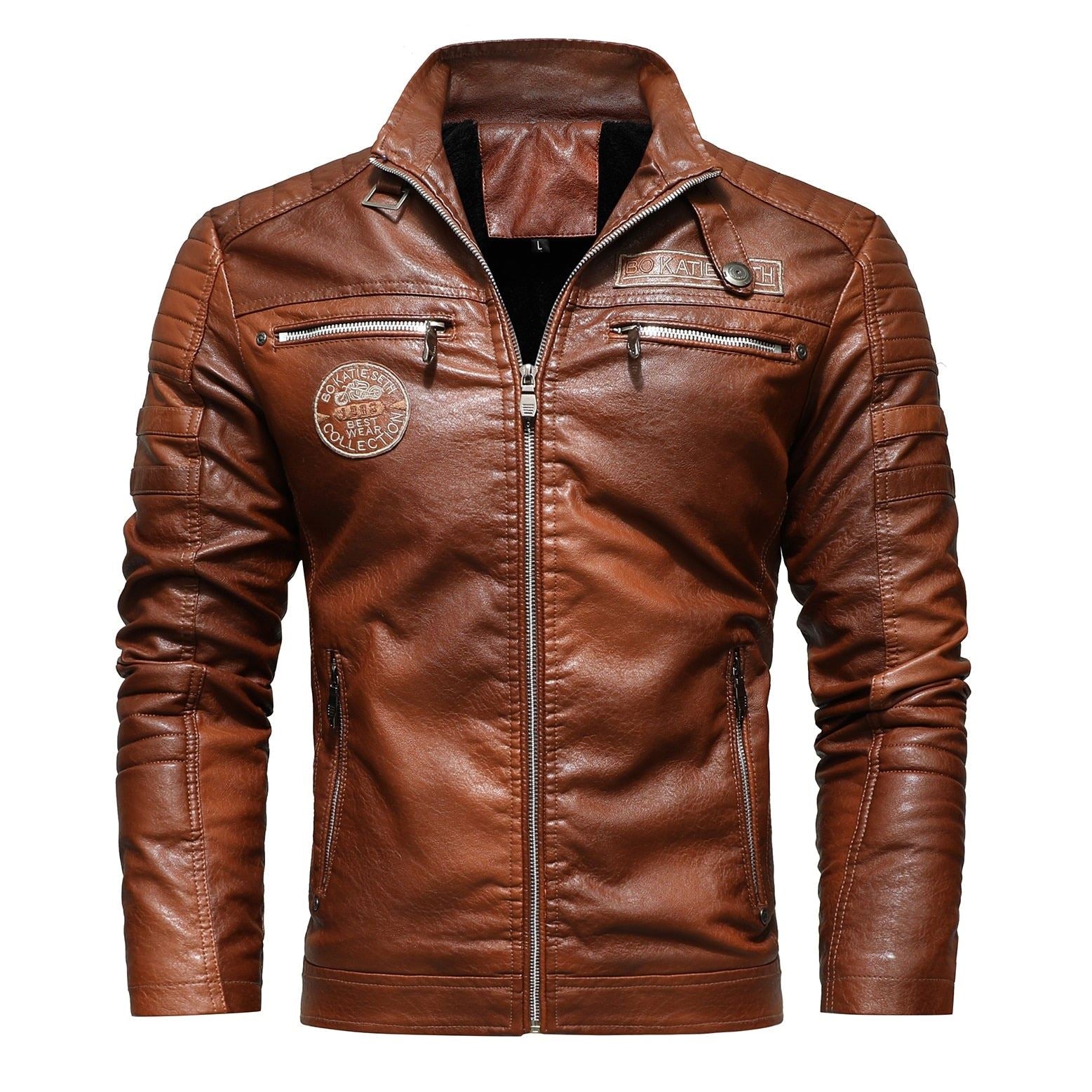 Men's Winter Leather Jacket Motorcycle Coat Lining With Velvet Stand Collar Air