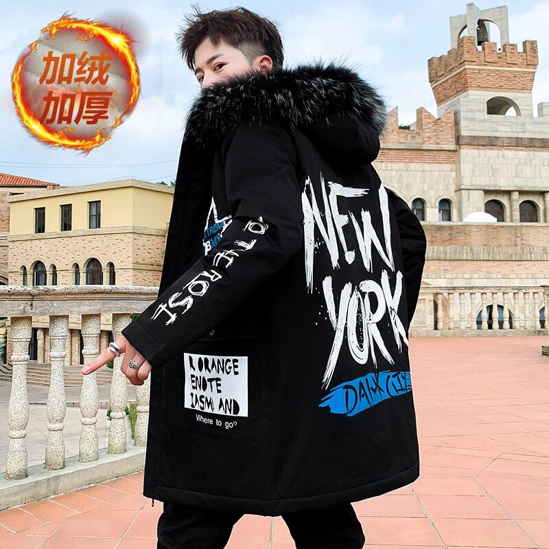 Autumn Winter New Hip Hop Men's Plush Thicken Overcoat Warm Streetwear Mid-Long