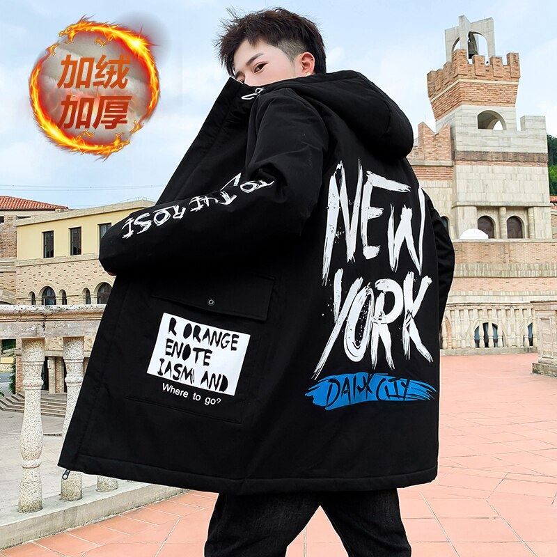 Autumn Winter New Hip Hop Men's Plush Thicken Overcoat Warm Streetwear Mid-Long