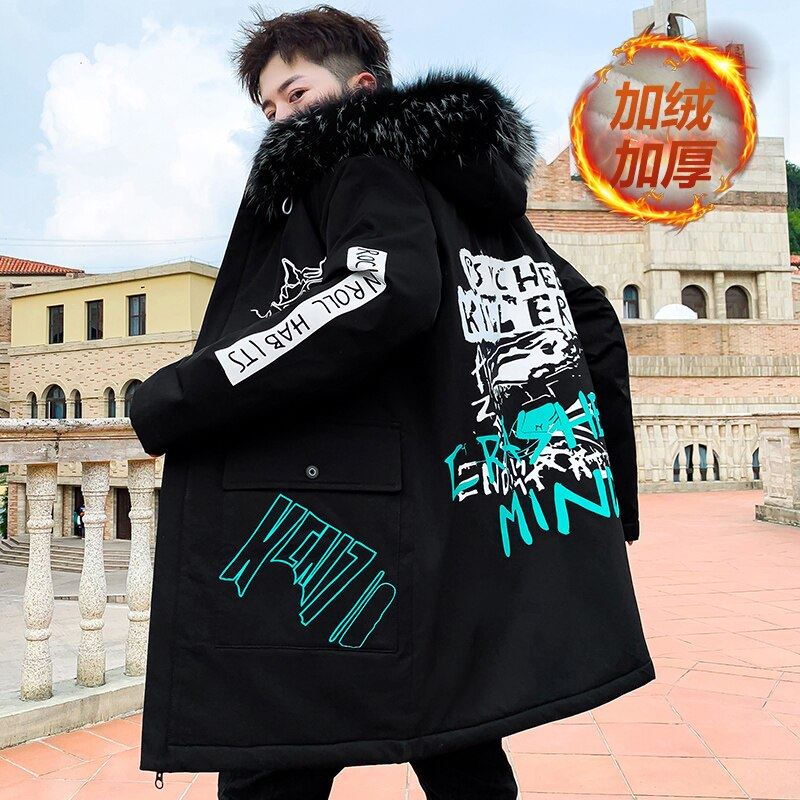 Autumn Winter New Hip Hop Men's Plush Thicken Overcoat Warm Streetwear Mid-Long