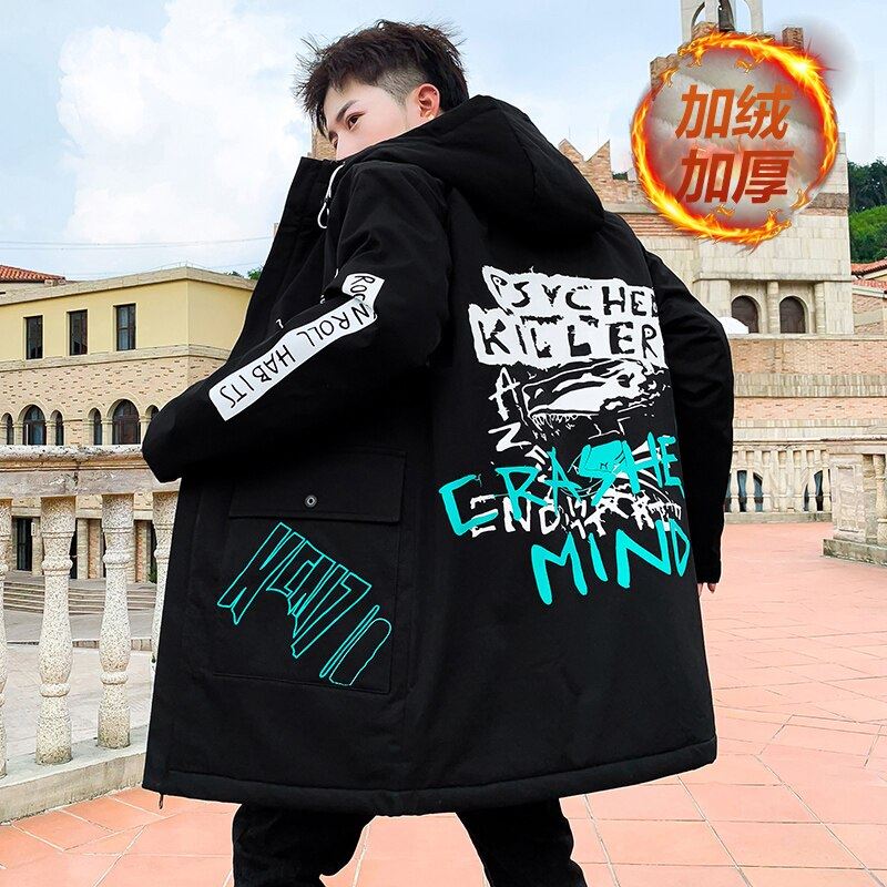 Autumn Winter New Hip Hop Men's Plush Thicken Overcoat Warm Streetwear Mid-Long