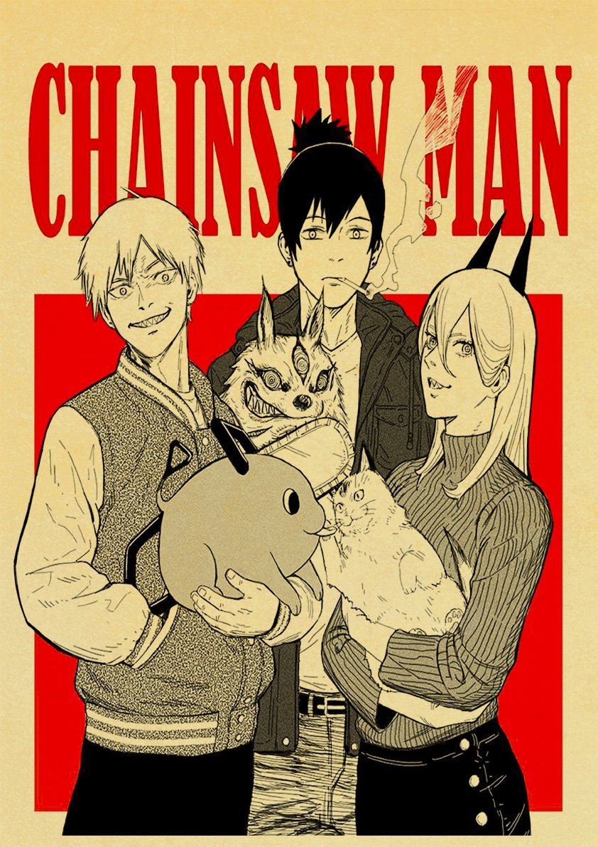 Vintage  Anime Chainsaw Man Posters Retro Kraft Paper Prints High Quality Art Print 12x16