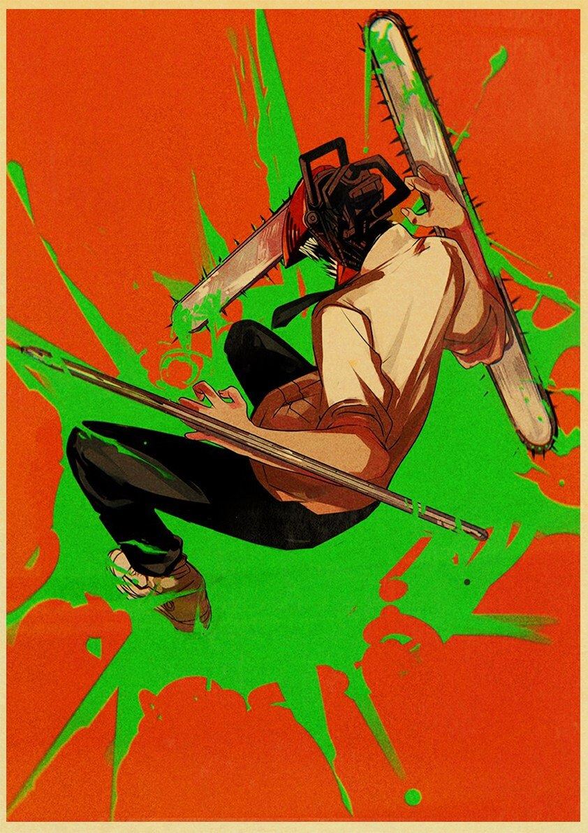 Vintage  Anime Chainsaw Man Posters Retro Kraft Paper Prints High Quality Art Print 12x16