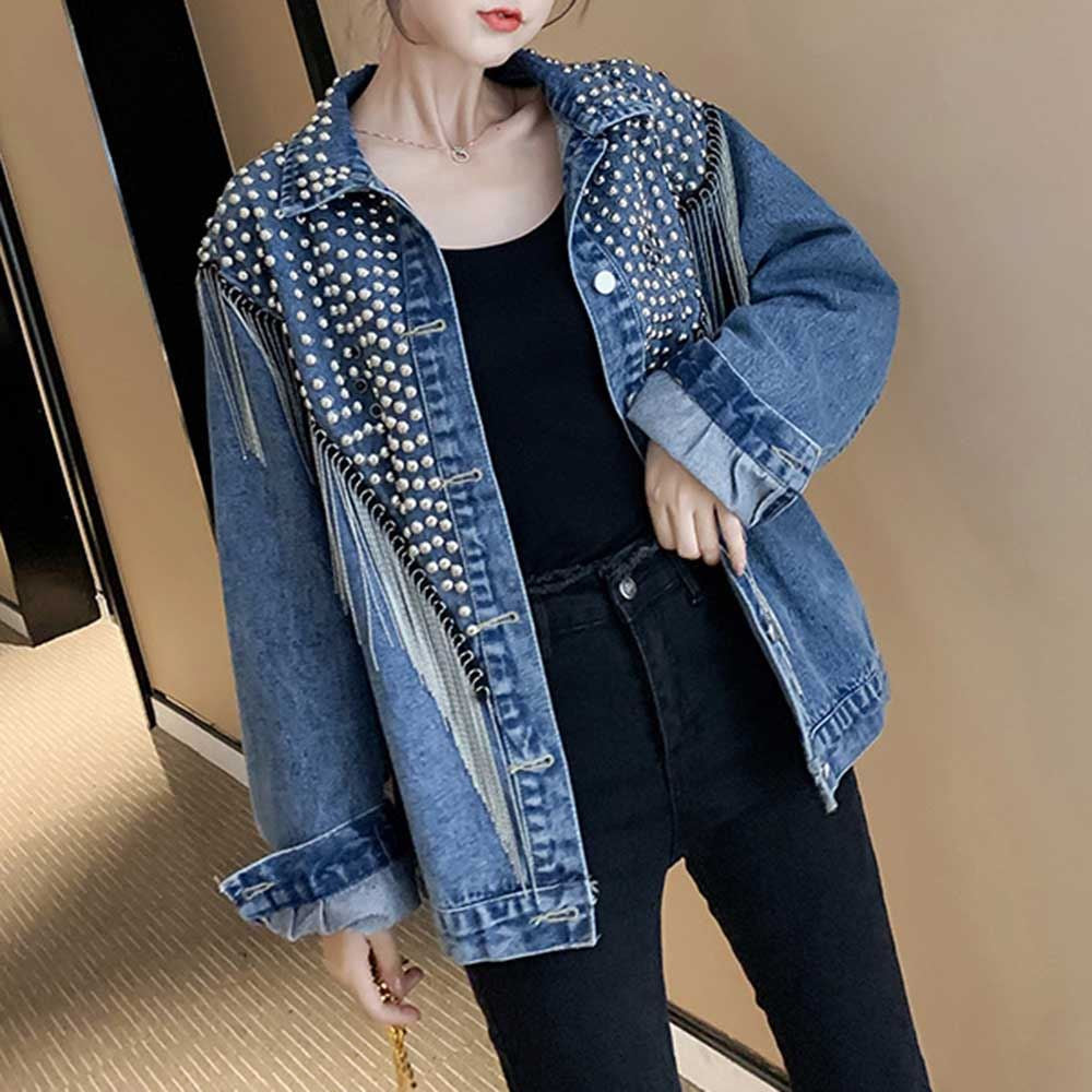 Women Overcoat Beaded Geometric 2021 Autumn Winter Long Sleeves V-Neck Vintage L