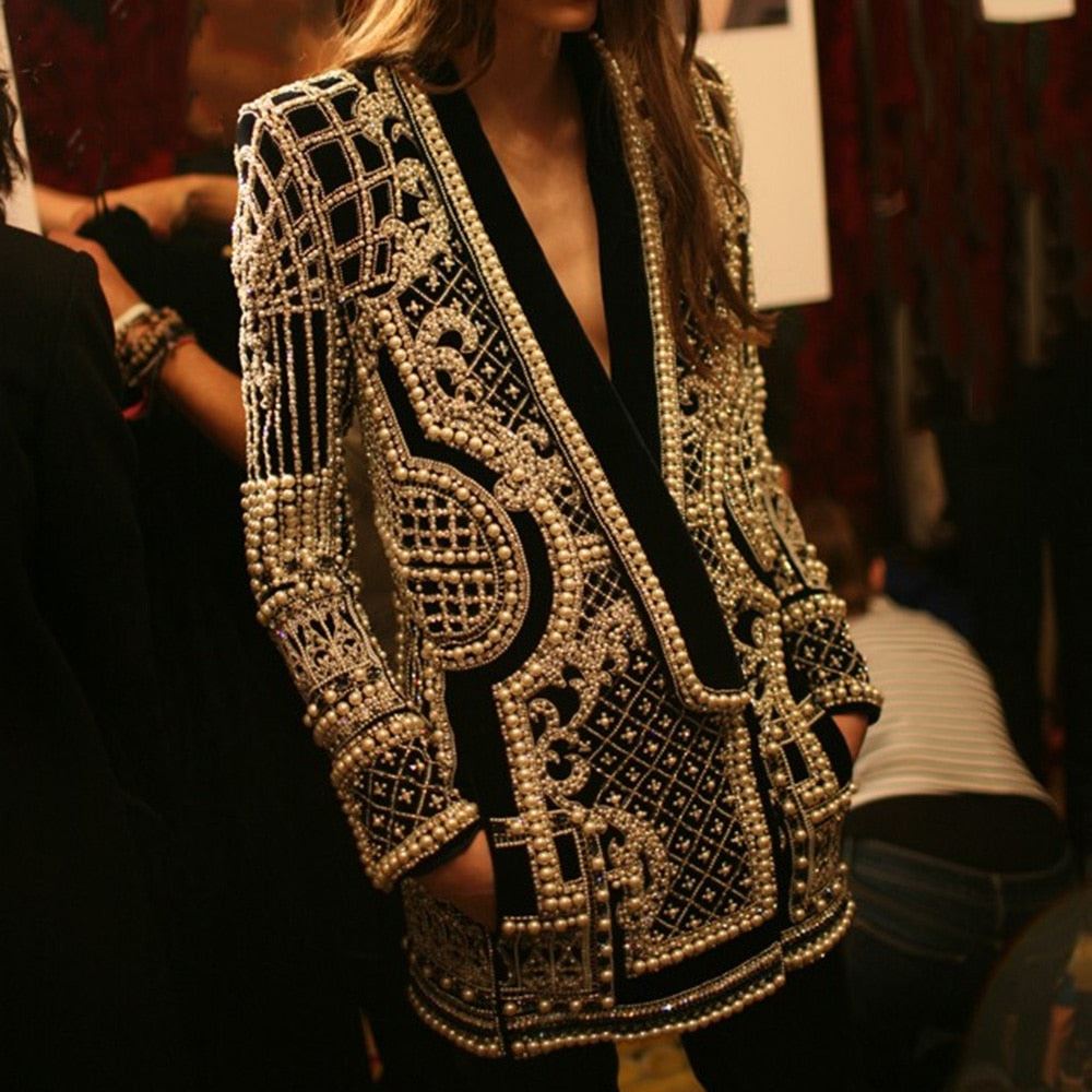 Women Overcoat Beaded Geometric 2021 Autumn Winter Long Sleeves V-Neck Vintage L